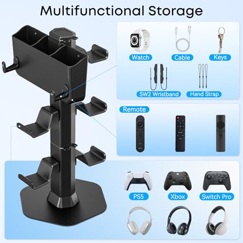Headphone and Controller stand, Headphone Stand for Desk, PS5/PS4/Xbox/Switch Game Controller Holder, Gaming Headset Stand with Storage Box and Two Hooks for Remote Control Watch, Sega Genesis Consoles