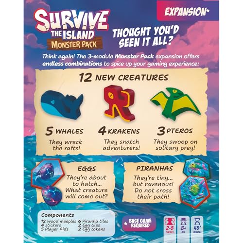 Survive The Island Monster Pack Board Game Expansion | Add 3 News Monsters to Your Game! Fun Strategy Game for Kids & Adults, Ages 8+, 2-5 Players, 45 Mins