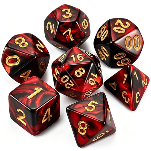 QMAY DND Dice Set -D&D Polyhedral Dice (7 Pcs) for Dungeons and Dragons (Red and Black) - color: Red and Black