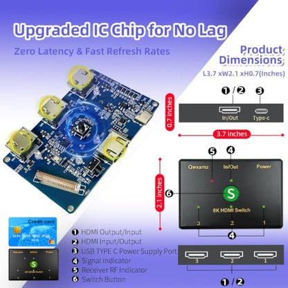 HDMI 2.1 Switch 3 in 1 Out 8K@60Hz, 4K@120Hz HDMI Switcher Wireless Remote | Power By HDMI Cable, Gaming Console, Streaming Device, Home Theater, Projector, Slim Dimension, Long Remote Distances