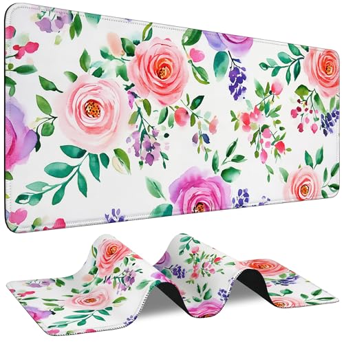Watercolor Floral Pink Rose Desk Mat XXL Mouse Pad for Office | Large Extended Mouse Pad Stitched Edges Waterproof Coating for Office Home Gaming Desk Decor 35.4"×15.7" - color: Sunlight Misty Forest
