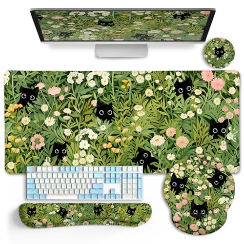 LIMKRIAN Cat Mouse Pad with Wrist Rest, Green Office Desk Accessories | Desk Mat Sets Accessories, Gaming Ergonomic Mouse Pad Wrist Support, Keyboard Mat Wrist Rest, Cup Coaster, Cute Desk Decor - color: XXL-Funny Cat Set-4