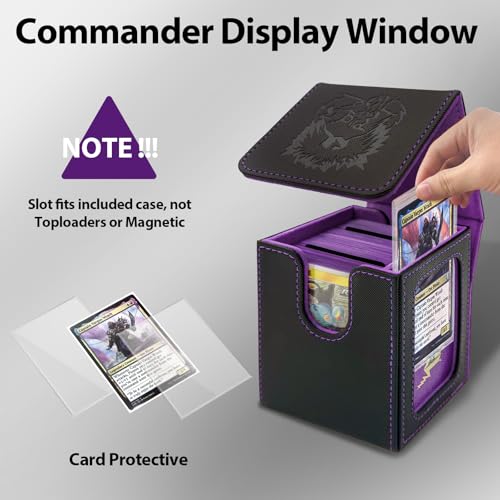 MTG Deck Box with Commander Display,Magnetic Card Storage Box Fits 100 Double Sleeved Cards,with 2 Dividers And 1 Mini Snap Card Holder Black/Violet - color: Black/Violet