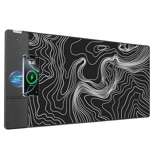 Wireless Charging Mouse Pad, 31.5"x15.8" Large Desk Mat, Smooth Glide | Waterproof Mousepad, Stitched Edge, Non-Slip Rubber Base, Desk Pad Computer Keyboard Mat, No Adapter - color: Black-31.5"x15.8"-Contour