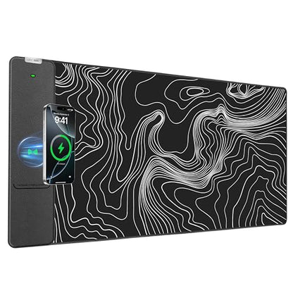 Wireless Charging Mouse Pad, 31.5"x15.8" Large Desk Mat, Smooth Glide | Waterproof Mousepad, Stitched Edge, Non-Slip Rubber Base, Desk Pad Computer Keyboard Mat, No Adapter - color: Black-31.5"x15.8"-Contour