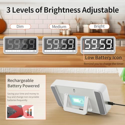 Large 7.8" Digital Timer, Magnetic LED Timer for Kitchen & Classroom | USB-C Rechargeable, Up to 99 Hours Count Up & Countdown Timer with 3 Brightness Levels, 4 Alert Modes and 3 Volume Levels - color: White