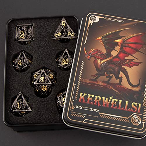 KERWELLSI Hollow DND Dice Set D&D with Gifts Box, 7pcs Polyhedral Metal D and D Dice for Role Playing Game, Dungeon Dragon Dice D20 D12 D10 D8 D6 D4 (Black) - color: Black