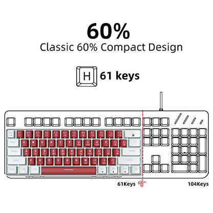 Snpurdiri Wired 60% Mechanical Gaming Keyboard (White-Red, Red Switches) | White LED Backlit Ultra-Compact Small Office Keyboard for Windows Laptop PC Mac - color: White Red/Red Switch