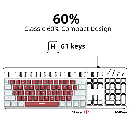 Snpurdiri Wired 60% Mechanical Gaming Keyboard (White-Red, Red Switches) | White LED Backlit Ultra-Compact Small Office Keyboard for Windows Laptop PC Mac - color: White Red/Red Switch