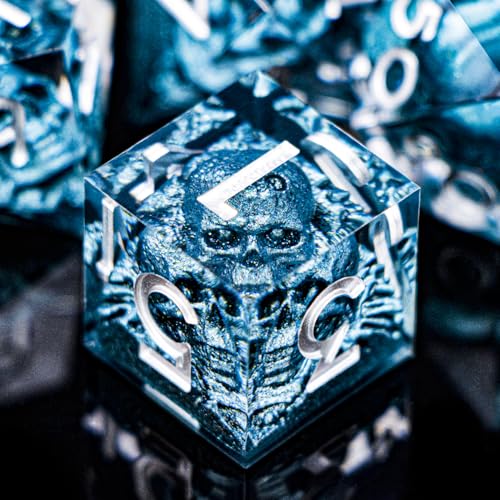 DND Skull Dice Set 7PCS Necromancer Polyhedral Dice for Dungeons Dragons RPG Role Playing Game, Resin Sharp Edged D and D Dice with Gift Box D6 D8 D10 D12 D20 (Navy Blue) - color: Navy Blue&silver