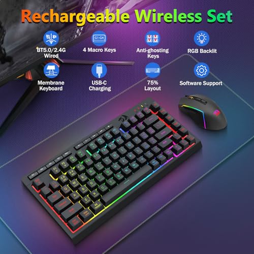 Redragon Wireless Gaming Keyboard and Mouse Combo, Bluetooth/2.4G/USB-C Wired, RGB Backlit, 75% Portable Quiet Rechargeable Macro Membrane Keyboard & 12800 DPI Mouse with Software for Win/MAC - color: Gaming Combo