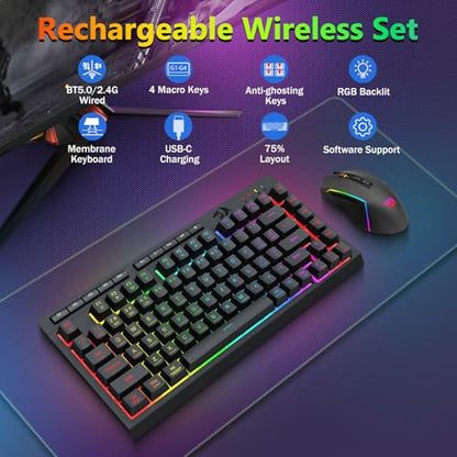 Redragon Wireless Gaming Keyboard and Mouse Combo, Bluetooth/2.4G/USB-C Wired, RGB Backlit, 75% Portable Quiet Rechargeable Macro Membrane Keyboard & 12800 DPI Mouse with Software for Win/MAC - color: Gaming Combo