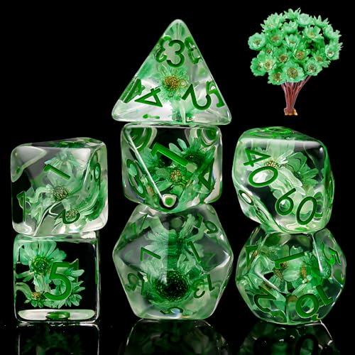 DND Resin Flower Dice Set, D&D Polyhedral Dice for Dungeons and Dragons RPG, MTG Role Playing Games D and D Dice 7pc D20 D12 D10 D8 D6 D4 - color: Green Flowers