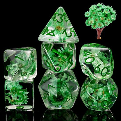DND Resin Flower Dice Set, D&D Polyhedral Dice for Dungeons and Dragons RPG, MTG Role Playing Games D and D Dice 7pc D20 D12 D10 D8 D6 D4 - color: Green Flowers
