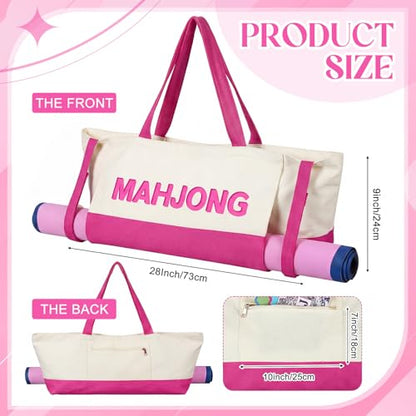 Abbylike 28x9 Inches Mahjong Bag for Rolled Mat Tiles Racks Pushers Accessories Empty Mahjong Tote Bag with Zipper Closure Outer Pockets Lining Large Capacity(Beige&hot Pink,Canvas) - color: Beige&hot Pink