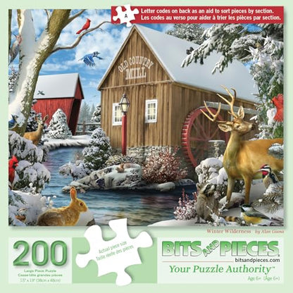 Bits and Pieces Jigsaw Puzzles for Adults 200 Pieces - Winter Wilderness 2 | 15" x 19" Jigsaw Puzzle 200 Pieces - Log Cabin Snow Winter Puzzle - Extra Large Piece Puzzles for Seniors - Letters on Backs - size: 200 Piece Puzzle