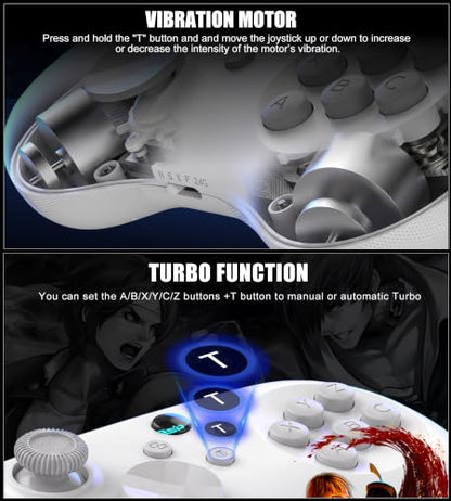 Wireless Fighting Controller for iOS/Android/Switch/PS4/PS3/PC, 6-Button Layout Bluetooth Controllers Retro Gamepad with Hall Joystick/Hall Trigger/Turbo/Programming Key for SEGA’s Classic Games, White - color: White