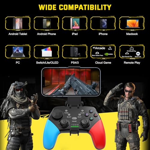 Joso Wireless Mobile Gaming Controller for iPhone, Android, iPad, Tablet, PC, Phone Controller with Phone Clip Supports Cloud Game, COD Mobile, Genshin Immpact, Remote Player Gamepad - color: Black+Blue+Red