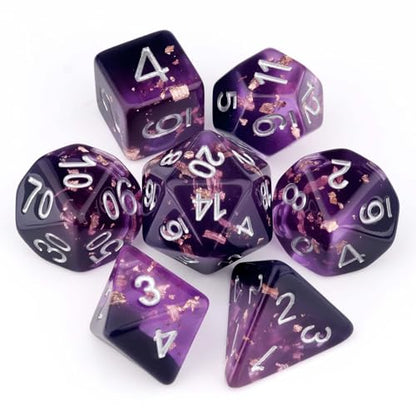 Haxtec DND Dice Set 7PCS Polyhedral D&D Dice for Roleplaying Games, Purple Black Gold Foil Resin Dice with Velvet Pouch for Dungeons and Dragons, Great DND Gift for Gamers & DM Masters - color: Purple Black