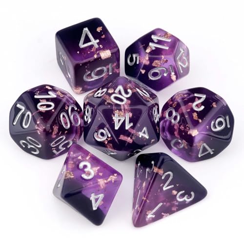 Haxtec DND Dice Set 7PCS Polyhedral D&D Dice for Roleplaying Games, Purple Black Gold Foil Resin Dice with Velvet Pouch for Dungeons and Dragons, Great DND Gift for Gamers & DM Masters - color: Purple Black
