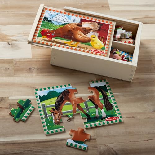 Melissa & Doug 4‑in‑1 Wooden Farm Jigsaw Puzzle Set, 48 Pieces with Storage Box, Toddler Puzzle Toy for Kids Ages 3+ - style: Farm Animals