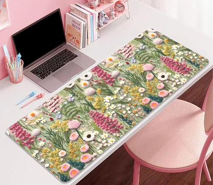 Embroidered Flower Wildflower Embroidery 3D Pattern Mouse Pad Desk Pad,Stitched Edges Non-Slip Waterproof Rubber Base Mous Mat for Office,Computer,Keyboard,Laptop and Home Desk Pad(27.5X11.8 in) - color: Embroidered Flower