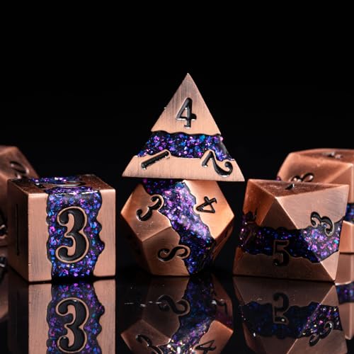 Premium Metal Dice Set for DND, 7PCS Polyhedral RPG Dice with Galaxy Glitter Inlay, Unique Metal Dice for Dungeons and Dragons Players - color: Ancient Red Copper Purple