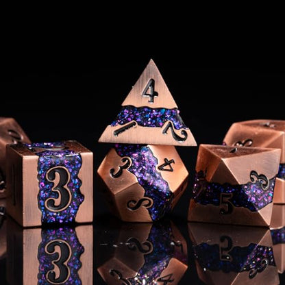 Premium Metal Dice Set for DND, 7PCS Polyhedral RPG Dice with Galaxy Glitter Inlay, Unique Metal Dice for Dungeons and Dragons Players - color: Ancient Red Copper Purple