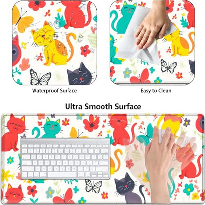 Large Gaming Mouse Pad+ Keyboard Wrist Rest Set, Ergonomics Memory Foam Mouse Mat Wrist Rest Support for Home Office, Waterproof Extended Mousepad 31.5x11.8in, Cute Cartoon Cats White Desk Pad - color: Yvb-mousepad-9-f-162