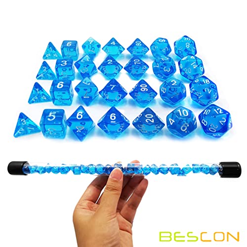 Bescon 28pcs Translucent Blue Mini Polyhedral Dice Set in Tube, for Dungeons and Dragons RPG Dice 4X7pcs,Mini Gem Blue Dice Set - color: 4x7pcs Mini Gem Blue