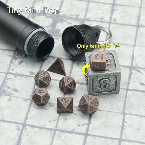 PJOY Mini Dice Set Portable Tiny Keychain DND Dice with D&D Dice Case 7PCS Antique Copper Small Metal Dice Set for Role Playing Dice Games Compatible with Dungeons and Dragons Gifts - color: Copper