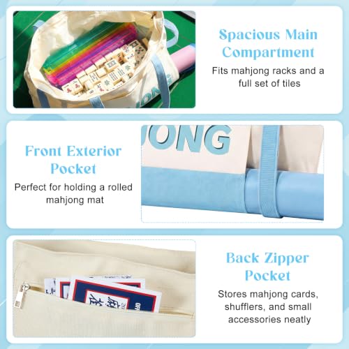 Abbylike 28x9 Inches Mahjong Bag for Rolled Mat Tiles Racks Pushers Accessories Empty Mahjong Tote Bag with Zipper Closure Outer Pockets Lining Large Capacity(Light Blue,Canvas) - color: Light Blue