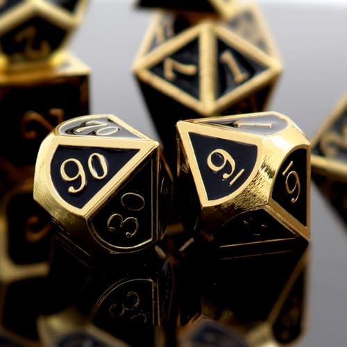 Haxtec Gold Black Metal DND Dice Set Enamel D&D Dice with Leather Dice Bag Compatible with Dungeons and Dragons TTRPG Gamer Gift for DND Lovers Black Metal Dice - color: Gold Black