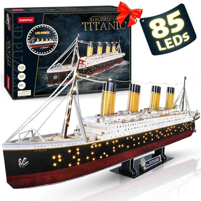 CubicFun Titanic 3D Model Ship Puzzle with LED Lights, 266 Pieces, 88 cm | 3D Puzzle for Adults LED 34.6 inch Titanic Model with 266 Pieces for Collectors, Home Decor Office Displays Shelf Displays - style: Realistic