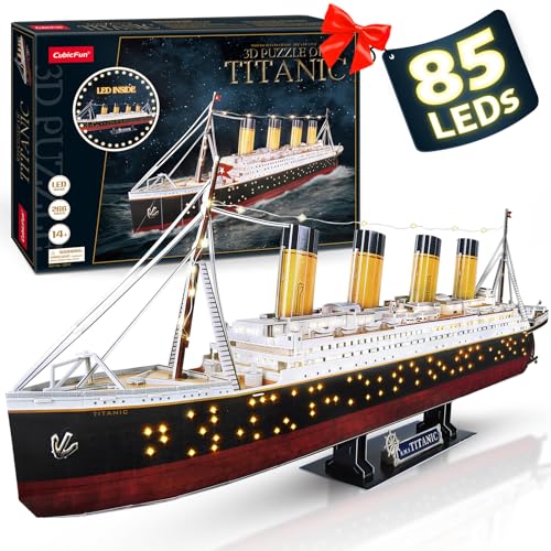 CubicFun Titanic 3D Model Ship Puzzle with LED Lights, 266 Pieces, 88 cm | 3D Puzzle for Adults LED 34.6 inch Titanic Model with 266 Pieces for Collectors, Home Decor Office Displays Shelf Displays - style: Realistic