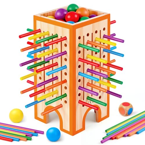 Montessori Board Game for Kids 4-6, 42 Colorful Wooden Sticks Dice Game with 12 Balls, Math & Counting Educational Toy for 3 4 5 6 Year Olds, Fine Motor Skills, Classic Table Game for Family Night