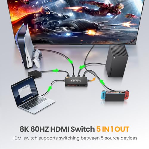 avedio links 8K HDMI2.1 Switch with Remote 5x1, 5 in 1 Out HDMI Splitter with Remote, Auto Switch HDMI Selector Box Support 4K@60Hz, HDCP2.3, HDR, 3D, for PS5, Xbox, Fire Stick, Blu-ray, HDTV