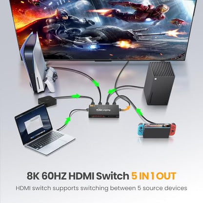 avedio links 8K HDMI2.1 Switch with Remote 5x1, 5 in 1 Out HDMI Splitter with Remote, Auto Switch HDMI Selector Box Support 4K@60Hz, HDCP2.3, HDR, 3D, for PS5, Xbox, Fire Stick, Blu-ray, HDTV