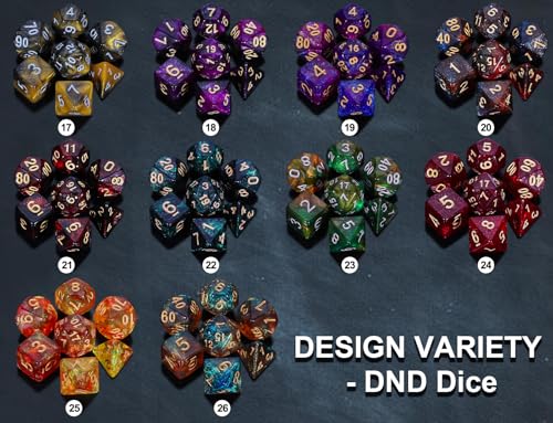 CiaraQ Starry Glitter Polyhedral Dice Set with Drawstring Pouch | 26 acrylic dice sets – 182 pcs total, 7 per set (D4-D20). Lightweight & durable. Great for D&D & tabletop games. Ages 14+. - color: 26 Colors - Starry Sky Style
