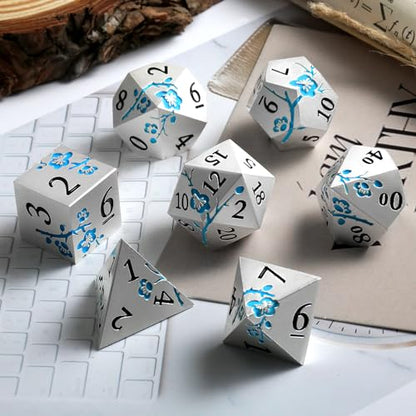 Glow in the Dark Flower Metal Dice, DNDND 7 PCS Blue Metallic D&D Dice Set with Gorgeous Gift Case for Dungeons and Dragon Tabletop Game (Glow in the Dark Blue) - color: Flower Glow Blue