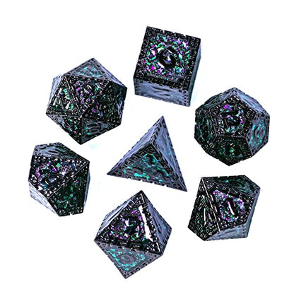 UDIXI Metal DND Dice Set D&D Polyhedral Dice Set for RPG (Green Sequins) | 7-Pieces, Dragon Carved, Chain-edge Design, Metal Gift Box, DM Gift, for Dungeons and Dragons Role Playing Games - color: Chain Frame-black With Green Sequins