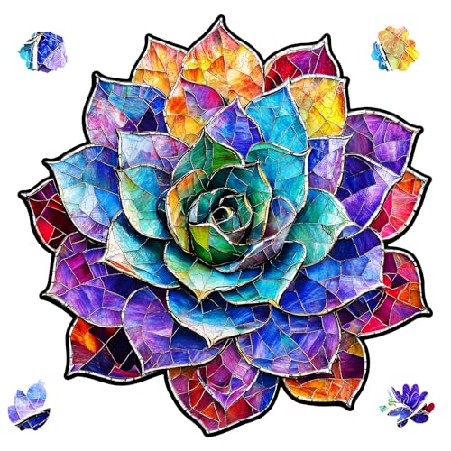 Delobil Stained Glass Succulent Wooden Puzzles for Adults, 500 Pieces Mandala Jigsaw Puzzles, Unique Shaped Royal Size Wood Puzzle Gift for Kids, Family Game 16.4'' x 16.7'' - color: Stained Glass Succulent, size: 500Pcs