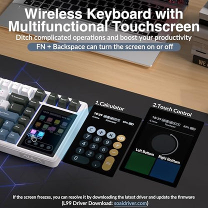 Aula L99 Wireless Mechanical Keyboard with Smart Touch Screen,Tri-Mode Hot Swappable Custom Gaming Keyboard,RGB Backlit,PBT Keycap,Gasket Mount Creamy Sounding Computer Keyboards for Office PC,84 Keys - color: White&Gray&Blue