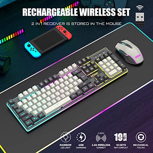RedThunder K10 Pro Wireless Gaming Keyboard and Mouse Combo, RGB Backlit Rechargeable 3800mAh Battery, Mechanical Feel Anti-ghosting Keyboard + 7D 3200DPI Mice for PC Gamer(White Gray) - color: White-Gray RGB