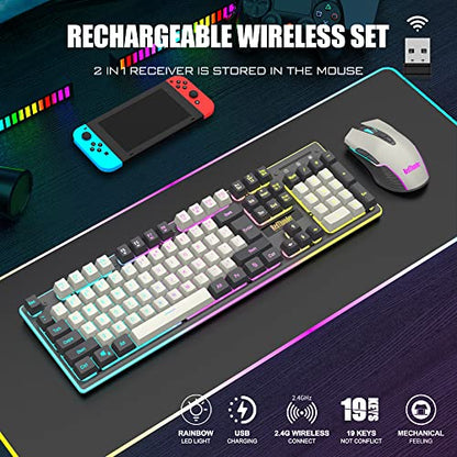 RedThunder K10 Pro Wireless Gaming Keyboard and Mouse Combo, RGB Backlit Rechargeable 3800mAh Battery, Mechanical Feel Anti-ghosting Keyboard + 7D 3200DPI Mice for PC Gamer(White Gray) - color: White-Gray RGB