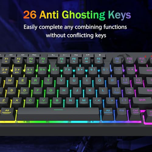 Redragon Wireless Gaming Keyboard, Bluetooth/2.4GHz/USB-C Wired, RGB Backlit, Portable 75% Mini Quiet Macro Membrane Keyboard, Rechargeable 4000mAh Battery, Anti-Ghosting for Win/MAC - color: Black