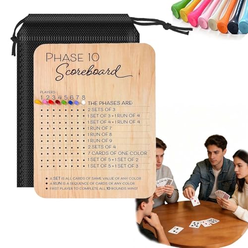 Wooden Phase 10 Score Board with Portable Bag - Phase 10 Card Game with 8 Color Peg, Reusable Travel Score Tracking Board for Family Game Night, Camping or Party – Game Night Accessory for Adults