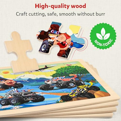 SYNARRY Large Wooden Monster Truck Puzzles for Kids Gift Box(12.2*9.4 in), 24 Piece Puzzles for Toddlers 3-5, Wood Jigsaw Puzzles for Kids Ages 4-6, Easter Basket Stuffers Gifts for Kids - style: Vehicle