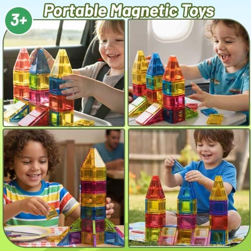 Mini Magnetic Tiles,78PCS Travel Magnetic Tiles Set with Iron Box,Portable Building Blocks for Kids Ages 3+,Car Airplane Travel Essentials Kids Toy,Creative STEM Toys Birthday Gift for Boys & Girls - style: Mini Magnetic Tiles
