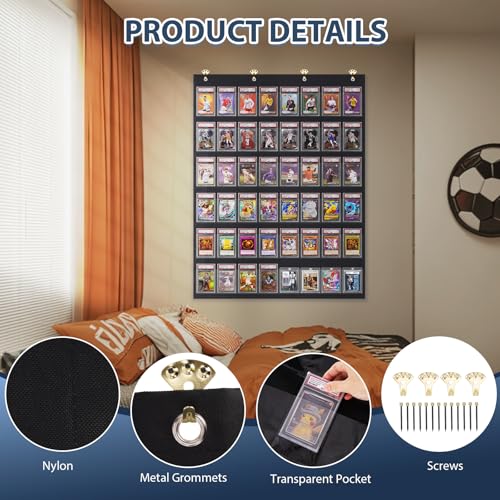 Graded Card Display Case, 48 Pocket Trading Card Display Bag with Clear View Window, Wall Mounted Holder for PSA/BGS/SGC Slabs, Sports Cards Baseball, Football, Basketball